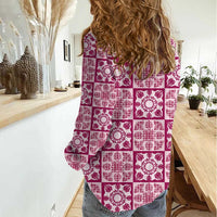Akala Palaka Quilt Hawaii Women Casual Shirt Hawaiian Tropical Monstera Sea Turtle