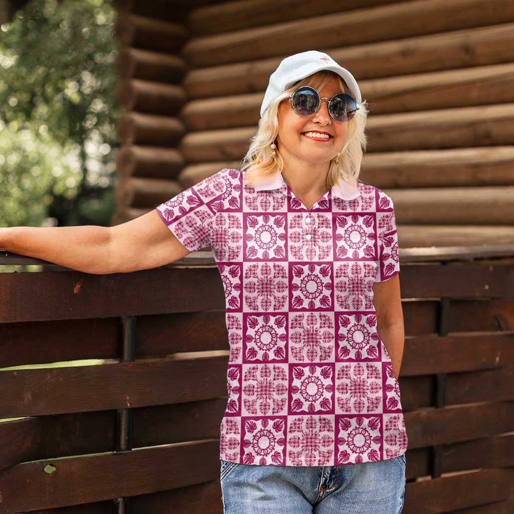 Akala Palaka Quilt Hawaii Women Polo Shirt Hawaiian Tropical Monstera Sea Turtle
