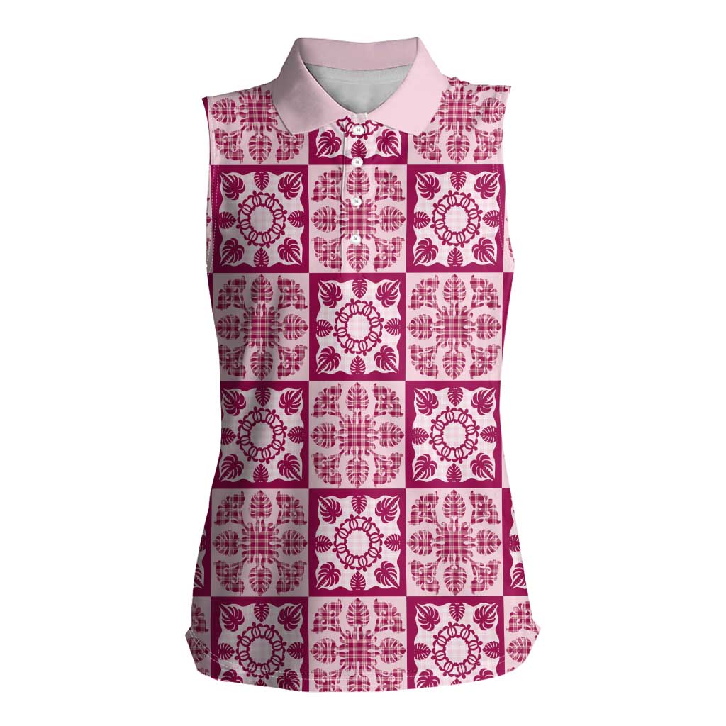 Akala Palaka Quilt Hawaii Women Sleeveless Polo Shirt Hawaiian Tropical Monstera Sea Turtle
