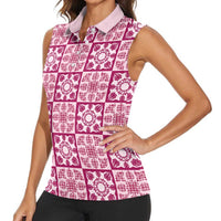 Akala Palaka Quilt Hawaii Women Sleeveless Polo Shirt Hawaiian Tropical Monstera Sea Turtle