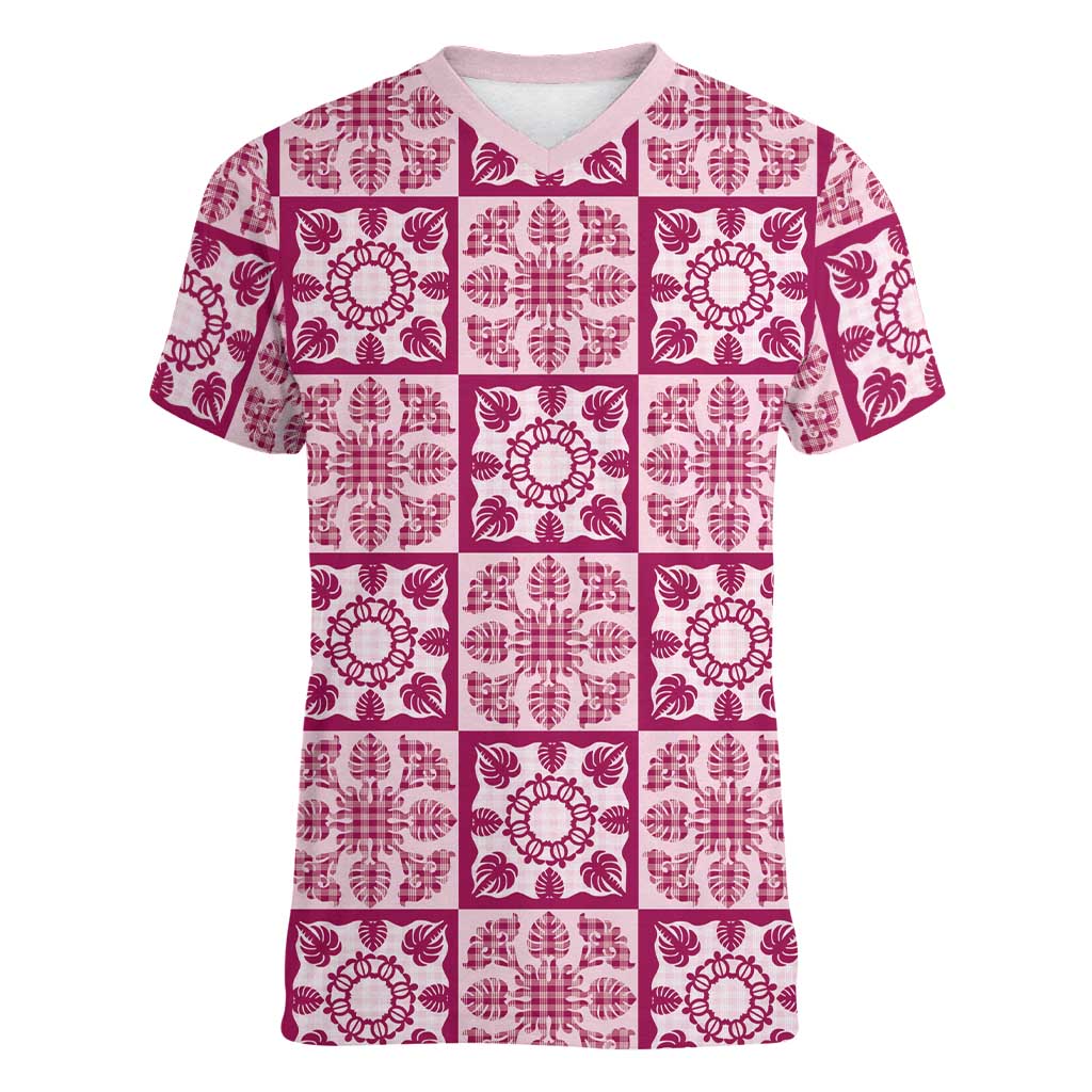Akala Palaka Quilt Hawaii Women V-Neck T-Shirt Hawaiian Tropical Monstera Sea Turtle