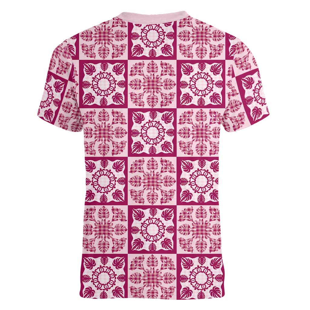Akala Palaka Quilt Hawaii Women V-Neck T-Shirt Hawaiian Tropical Monstera Sea Turtle