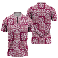 Akala Palaka Quilt Hawaii Zipper Polo Shirt Hawaiian Tropical Monstera Sea Turtle