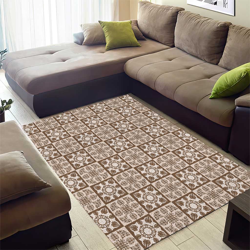 Beige Palaka Quilt Hawaii Area Rug Hawaiian Tropical Monstera Sea Turtle