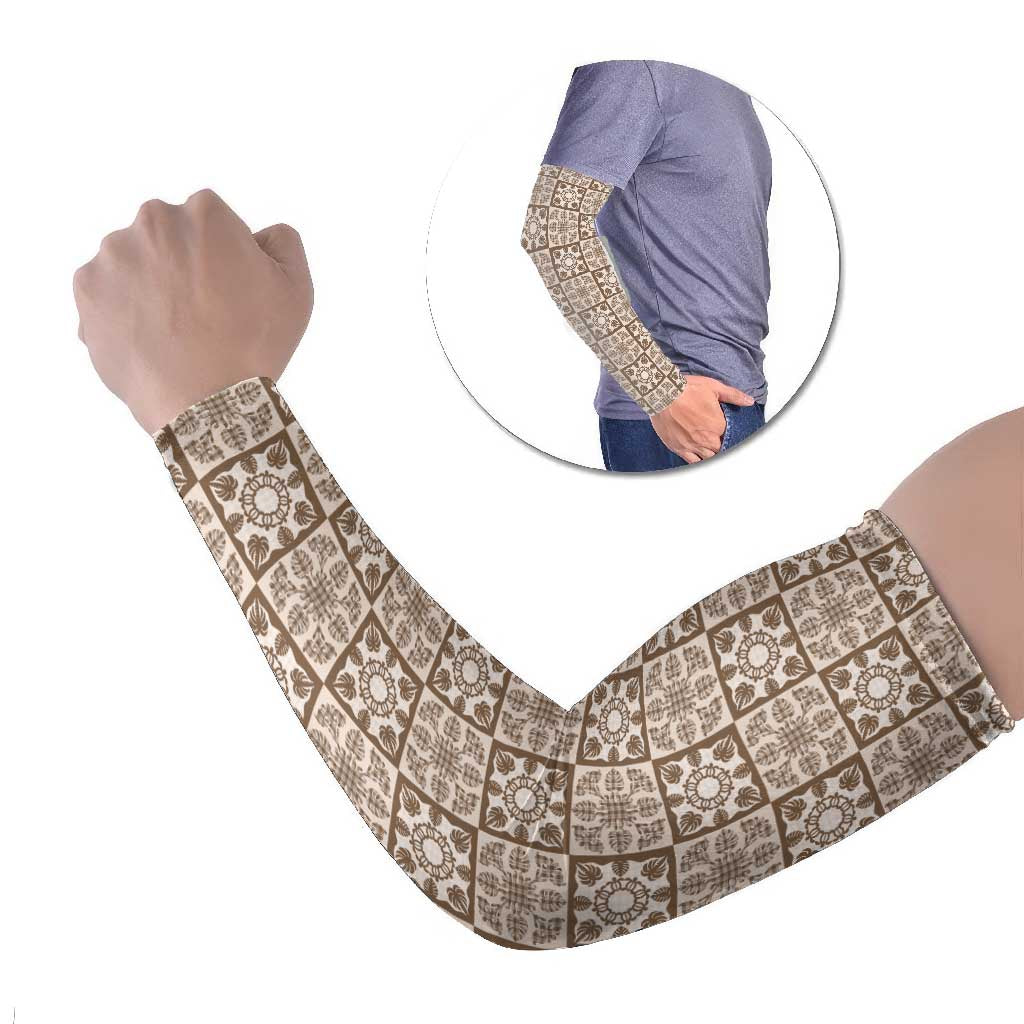 Beige Palaka Quilt Hawaii Arm Sleeves Hawaiian Tropical Monstera Sea Turtle