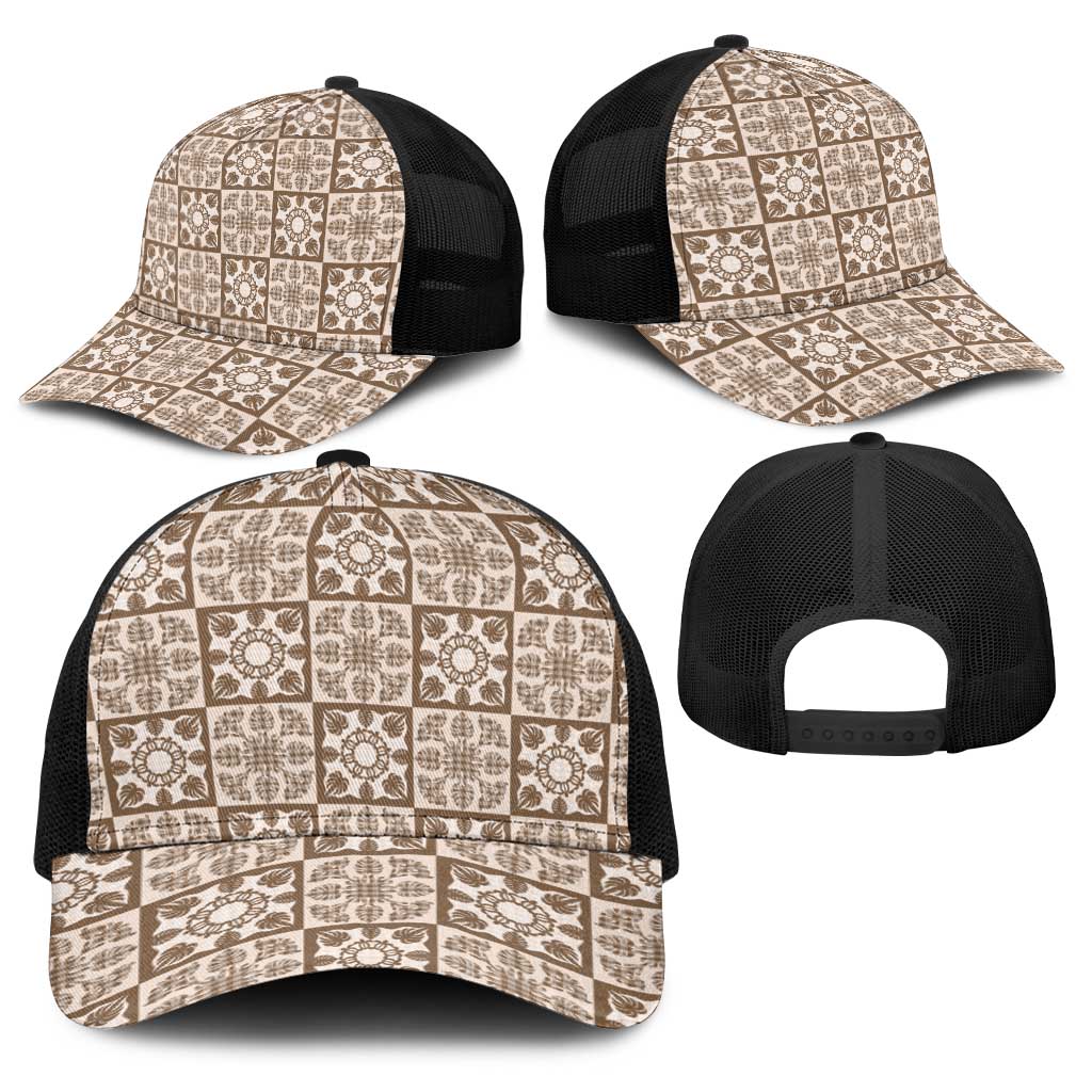 Beige Palaka Quilt Hawaii Baseball Net Cap Hawaiian Tropical Monstera Sea Turtle