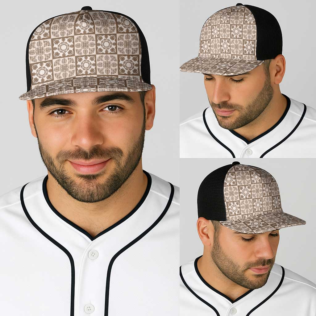 Beige Palaka Quilt Hawaii Baseball Net Cap Hawaiian Tropical Monstera Sea Turtle
