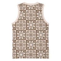 Beige Palaka Quilt Hawaii Basketball Jersey Hawaiian Tropical Monstera Sea Turtle