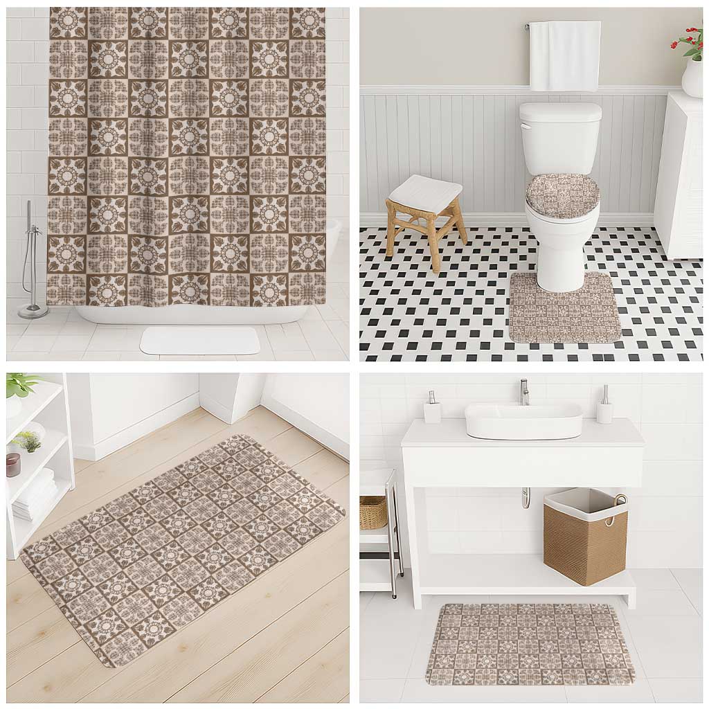 Beige Palaka Quilt Hawaii Bathroom Set Hawaiian Tropical Monstera Sea Turtle