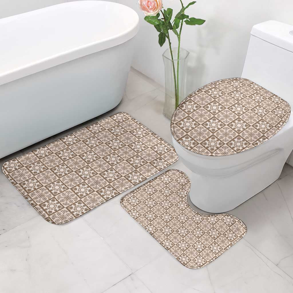 Beige Palaka Quilt Hawaii Bathroom Set Hawaiian Tropical Monstera Sea Turtle