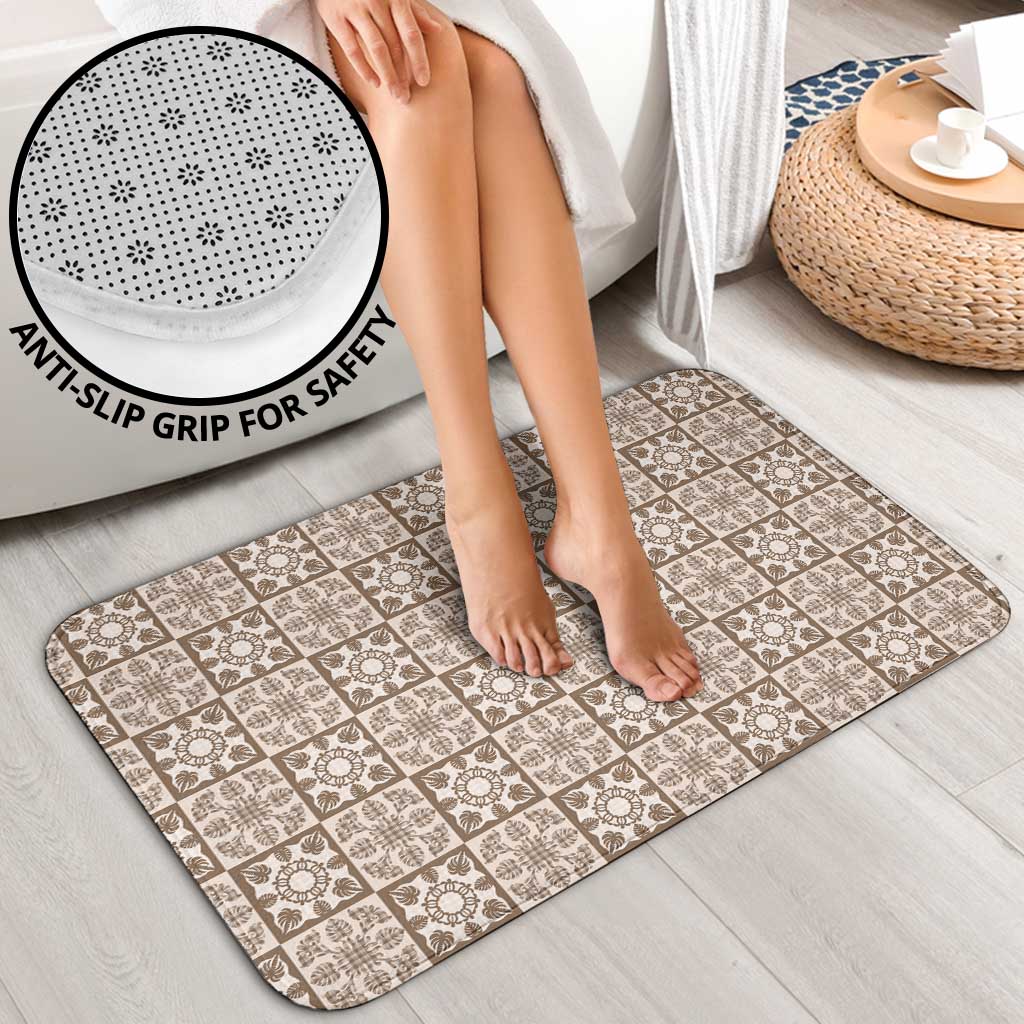 Beige Palaka Quilt Hawaii Bathroom Set Hawaiian Tropical Monstera Sea Turtle