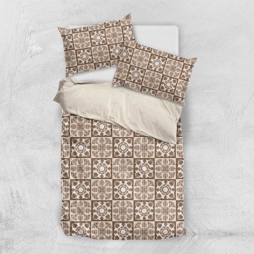 Beige Palaka Quilt Hawaii Bedding Set Hawaiian Tropical Monstera Sea Turtle