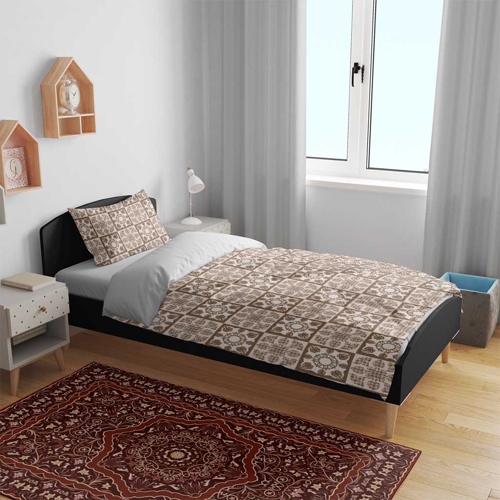 Beige Palaka Quilt Hawaii Bedding Set Hawaiian Tropical Monstera Sea Turtle