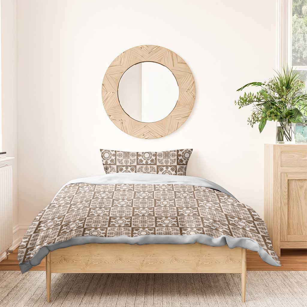 Beige Palaka Quilt Hawaii Bedding Set Hawaiian Tropical Monstera Sea Turtle