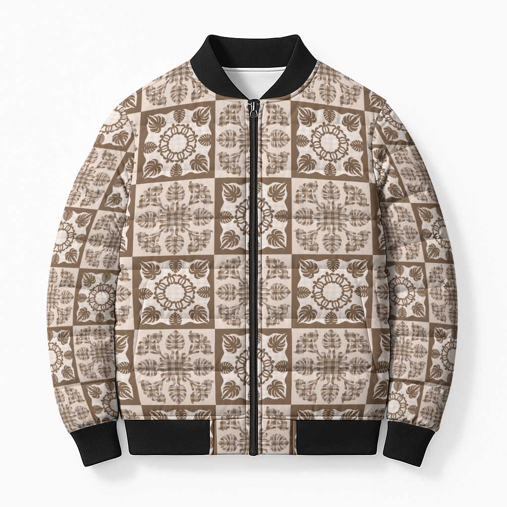 Beige Palaka Quilt Hawaii Bomber Puffer Jacket Hawaiian Tropical Monstera Sea Turtle