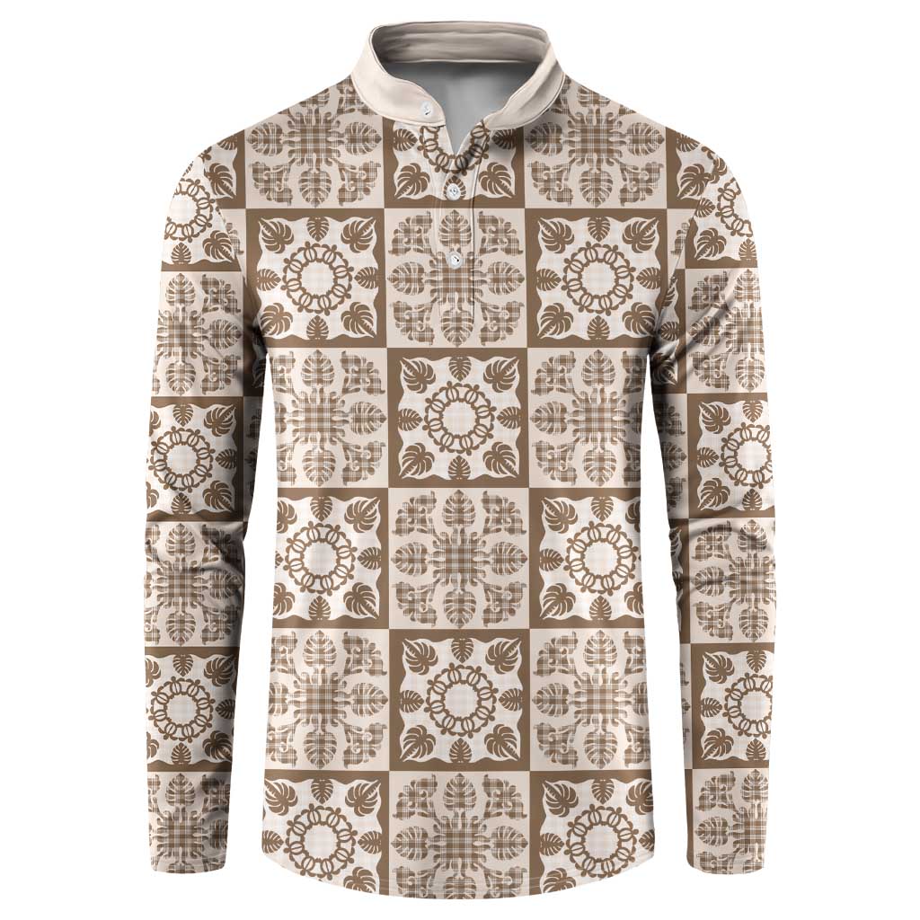 Beige Palaka Quilt Hawaii Button Sweatshirt Hawaiian Tropical Monstera Sea Turtle