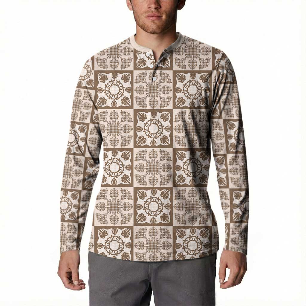 Beige Palaka Quilt Hawaii Button Sweatshirt Hawaiian Tropical Monstera Sea Turtle