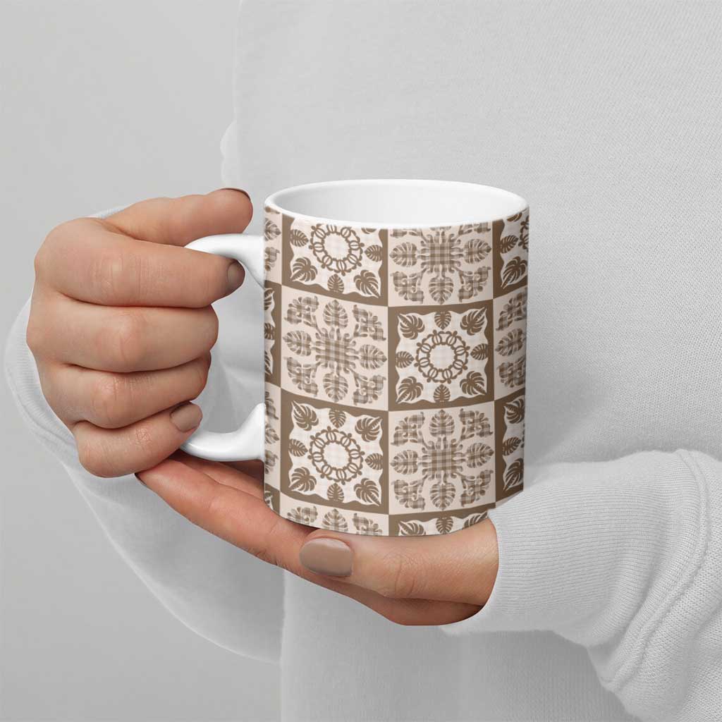 Beige Palaka Quilt Hawaii Ceramic Mug Hawaiian Tropical Monstera Sea Turtle