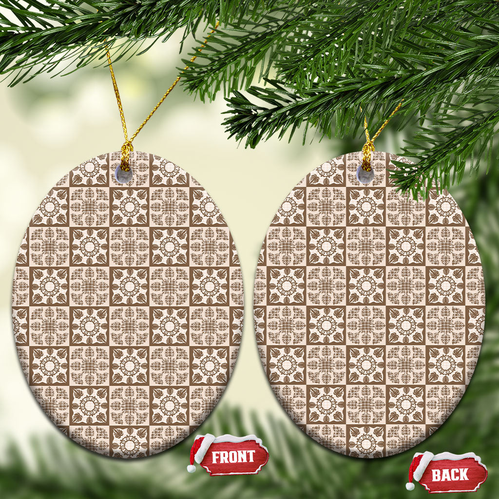 Beige Palaka Quilt Hawaii Ceramic Ornament Hawaiian Tropical Monstera Sea Turtle LT14 Oval Beige - Polynesian Pride