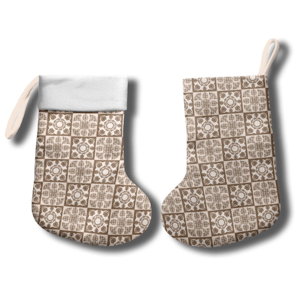 Beige Palaka Quilt Hawaii Christmas Stocking Hawaiian Tropical Monstera Sea Turtle LT14 - Polynesian Pride