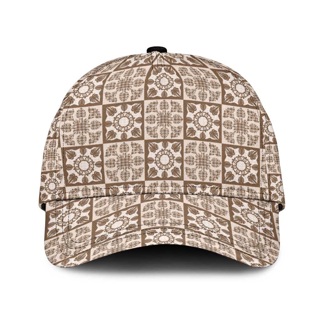 Beige Palaka Quilt Hawaii Classic Cap Hawaiian Tropical Monstera Sea Turtle