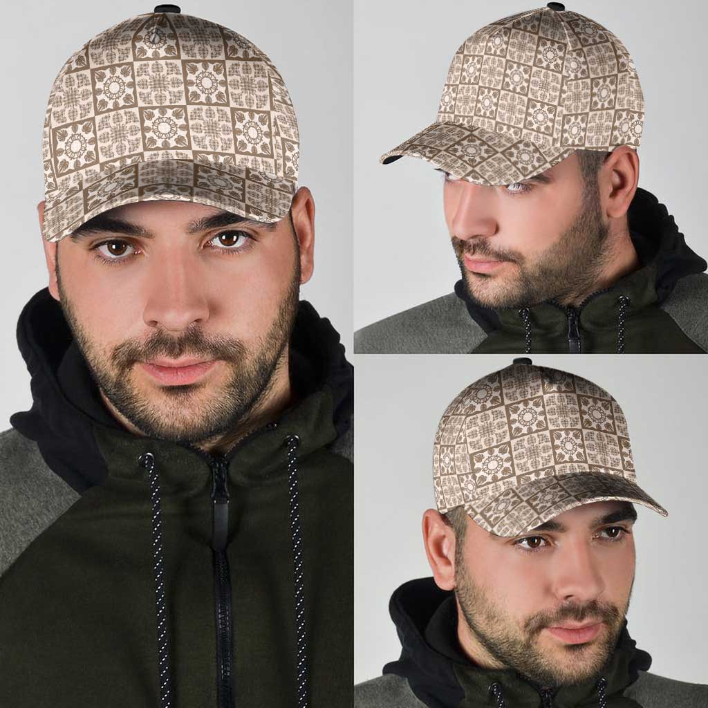 Beige Palaka Quilt Hawaii Classic Cap Hawaiian Tropical Monstera Sea Turtle