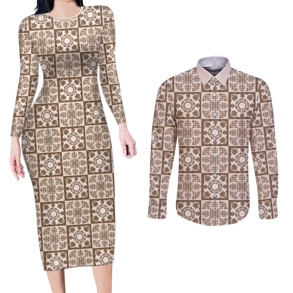 Beige Palaka Quilt Hawaii Couples Matching Long Sleeve Bodycon Dress and Long Sleeve Button Shirt Hawaiian Tropical Monstera Sea Turtle LT14 Beige - Polynesian Pride