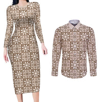 Beige Palaka Quilt Hawaii Couples Matching Long Sleeve Bodycon Dress and Long Sleeve Button Shirt Hawaiian Tropical Monstera Sea Turtle LT14 Beige - Polynesian Pride