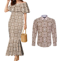 Beige Palaka Quilt Hawaii Couples Matching Mermaid Dress and Long Sleeve Button Shirt Hawaiian Tropical Monstera Sea Turtle LT14 Beige - Polynesian Pride