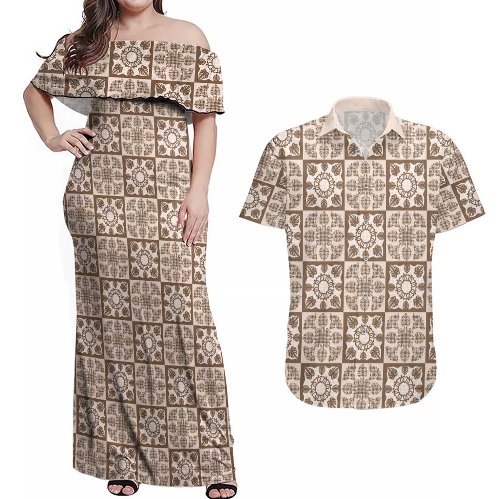Beige Palaka Quilt Hawaii Couples Matching Off Shoulder Maxi Dress and Hawaiian Shirt Hawaiian Tropical Monstera Sea Turtle LT14 Beige - Polynesian Pride