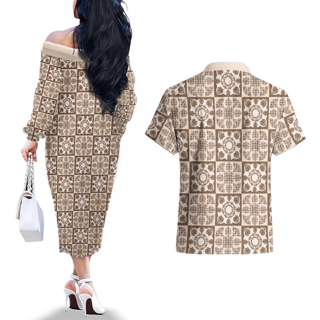 Beige Palaka Quilt Hawaii Couples Matching Off The Shoulder Long Sleeve Dress and Hawaiian Shirt Hawaiian Tropical Monstera Sea Turtle LT14 - Polynesian Pride