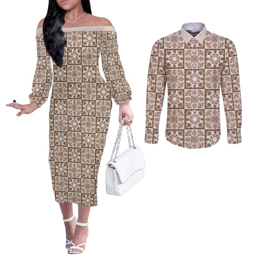 Beige Palaka Quilt Hawaii Couples Matching Off The Shoulder Long Sleeve Dress and Long Sleeve Button Shirt Hawaiian Tropical Monstera Sea Turtle LT14 Beige - Polynesian Pride
