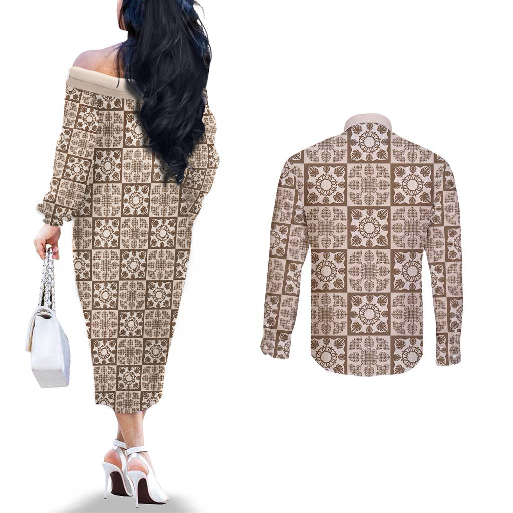 Beige Palaka Quilt Hawaii Couples Matching Off The Shoulder Long Sleeve Dress and Long Sleeve Button Shirt Hawaiian Tropical Monstera Sea Turtle LT14 - Polynesian Pride