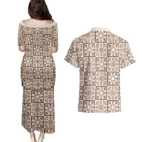 Beige Palaka Quilt Hawaii Couples Matching Puletasi and Hawaiian Shirt Hawaiian Tropical Monstera Sea Turtle