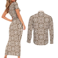 Beige Palaka Quilt Hawaii Couples Matching Short Sleeve Bodycon Dress and Long Sleeve Button Shirt Hawaiian Tropical Monstera Sea Turtle LT14 - Polynesian Pride