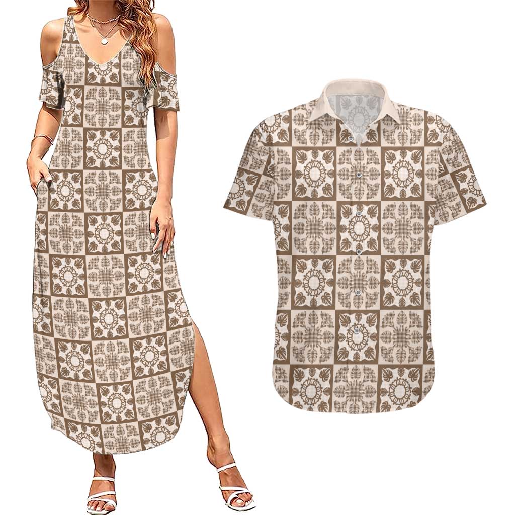 Beige Palaka Quilt Hawaii Couples Matching Summer Maxi Dress and Hawaiian Shirt Hawaiian Tropical Monstera Sea Turtle LT14 Beige - Polynesian Pride