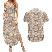 Beige Palaka Quilt Hawaii Couples Matching Summer Maxi Dress and Hawaiian Shirt Hawaiian Tropical Monstera Sea Turtle LT14 Beige - Polynesian Pride