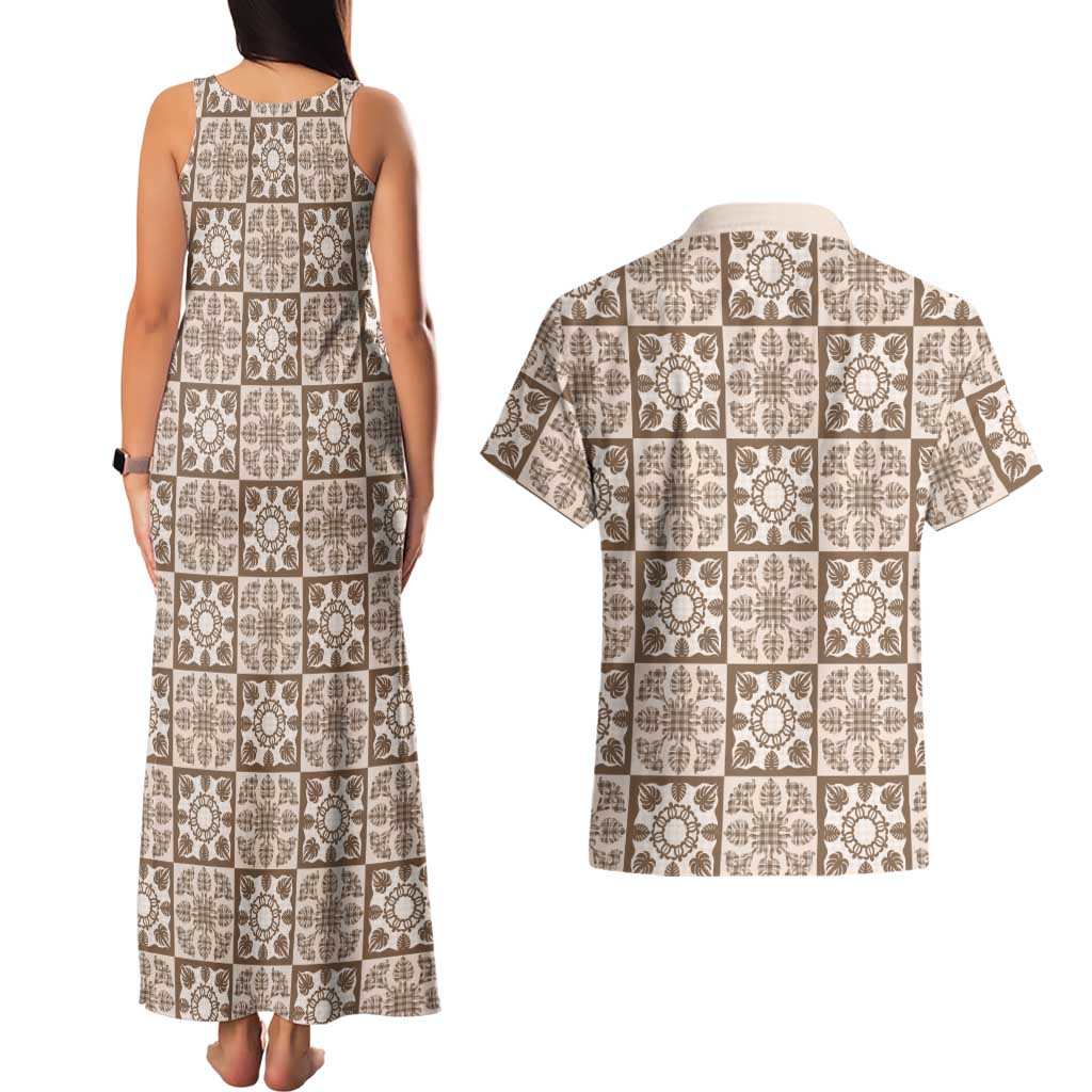 Beige Palaka Quilt Hawaii Couples Matching Tank Maxi Dress and Hawaiian Shirt Hawaiian Tropical Monstera Sea Turtle LT14 - Polynesian Pride