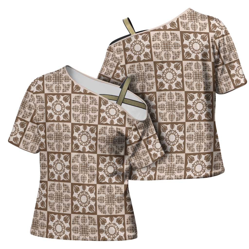 Beige Palaka Quilt Hawaii Cross Shoulder Shirt Hawaiian Tropical Monstera Sea Turtle