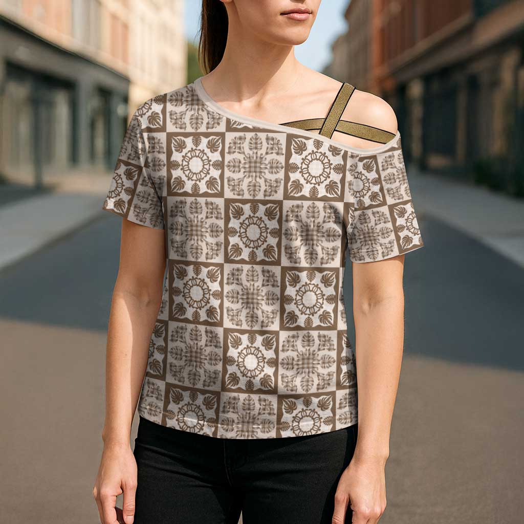 Beige Palaka Quilt Hawaii Cross Shoulder Shirt Hawaiian Tropical Monstera Sea Turtle