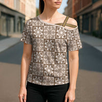 Beige Palaka Quilt Hawaii Cross Shoulder Shirt Hawaiian Tropical Monstera Sea Turtle