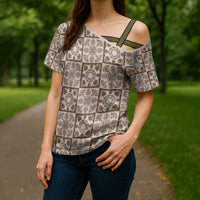 Beige Palaka Quilt Hawaii Cross Shoulder Shirt Hawaiian Tropical Monstera Sea Turtle