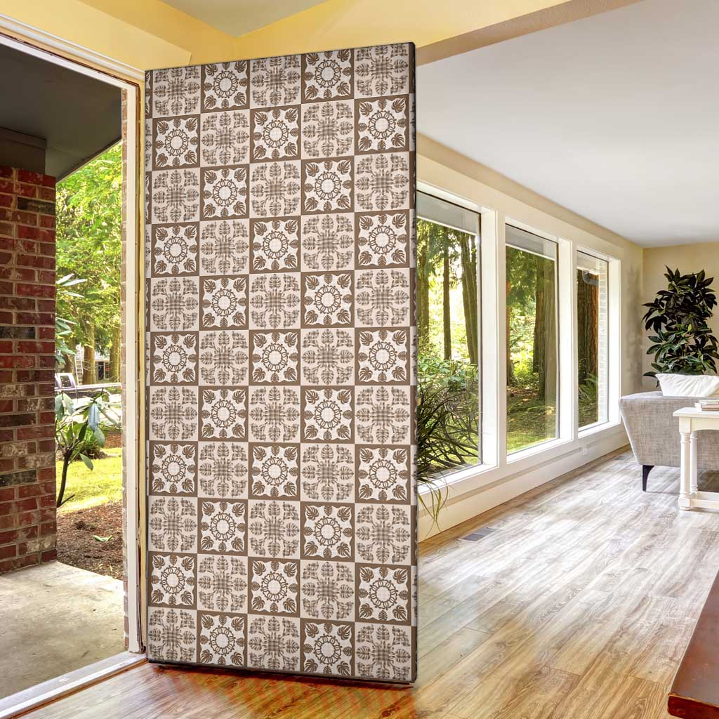 Beige Palaka Quilt Hawaii Door Cover Hawaiian Tropical Monstera Sea Turtle