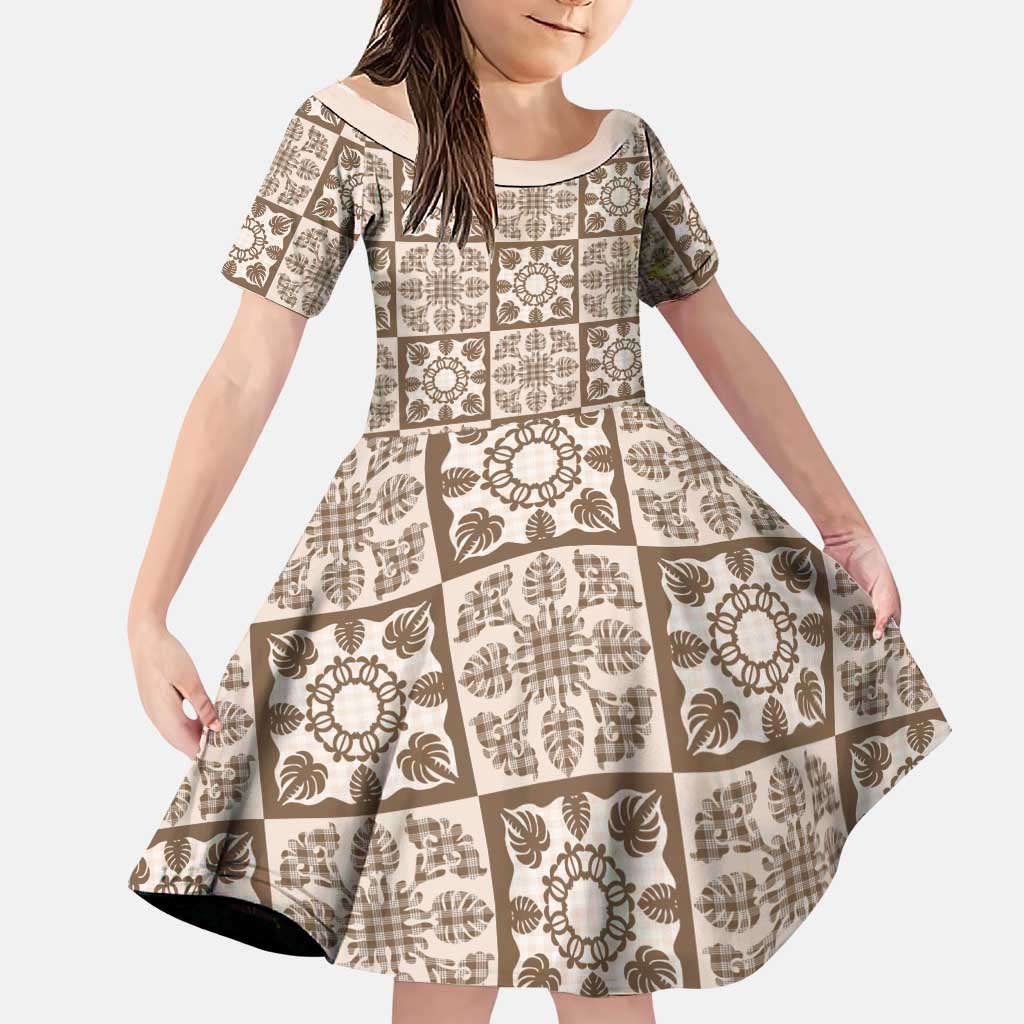 Beige Palaka Quilt Hawaii Family Matching Long Sleeve Bodycon Dress and Hawaiian Shirt Hawaiian Tropical Monstera Sea Turtle LT14 Daughter's Dress Beige - Polynesian Pride
