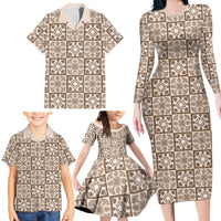 Beige Palaka Quilt Hawaii Family Matching Long Sleeve Bodycon Dress and Hawaiian Shirt Hawaiian Tropical Monstera Sea Turtle LT14 - Polynesian Pride
