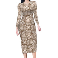 Beige Palaka Quilt Hawaii Family Matching Long Sleeve Bodycon Dress and Hawaiian Shirt Hawaiian Tropical Monstera Sea Turtle LT14 Mom's Dress Beige - Polynesian Pride