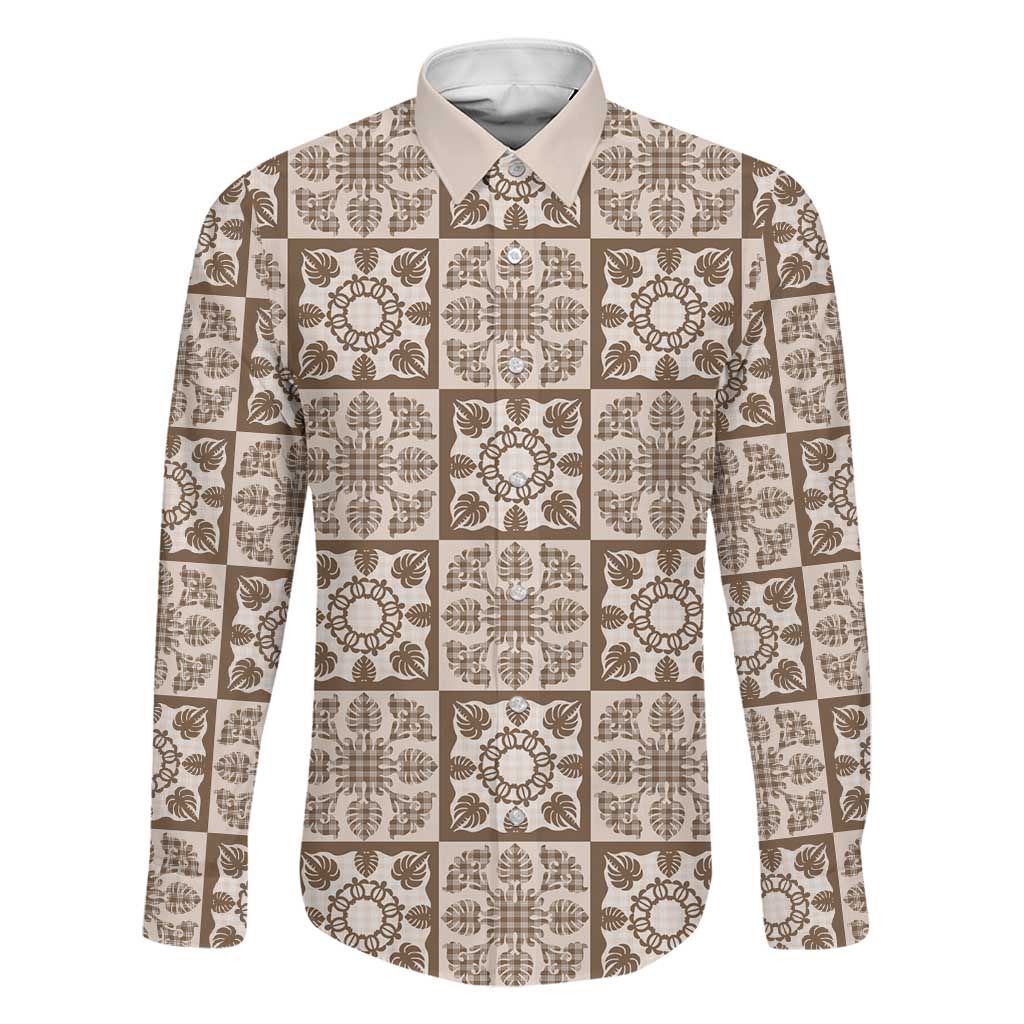 Beige Palaka Quilt Hawaii Family Matching Off The Shoulder Long Sleeve Dress and Hawaiian Shirt Hawaiian Tropical Monstera Sea Turtle LT14 Dad's Shirt - Long Sleeve Beige - Polynesian Pride