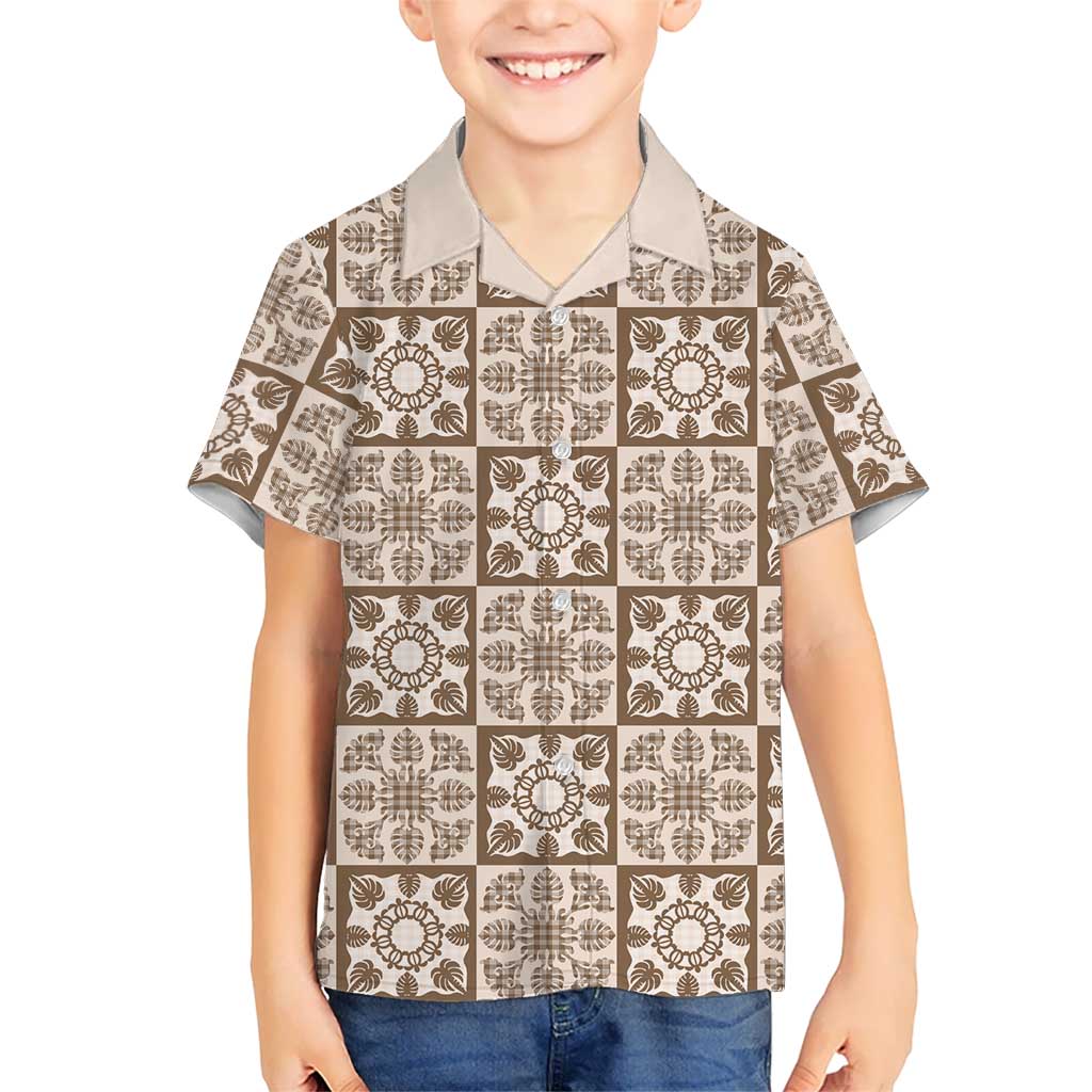 Beige Palaka Quilt Hawaii Family Matching Off The Shoulder Long Sleeve Dress and Hawaiian Shirt Hawaiian Tropical Monstera Sea Turtle LT14 Son's Shirt Beige - Polynesian Pride
