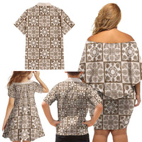 Beige Palaka Quilt Hawaii Family Matching Off Shoulder Short Dress and Hawaiian Shirt Hawaiian Tropical Monstera Sea Turtle LT14 - Polynesian Pride