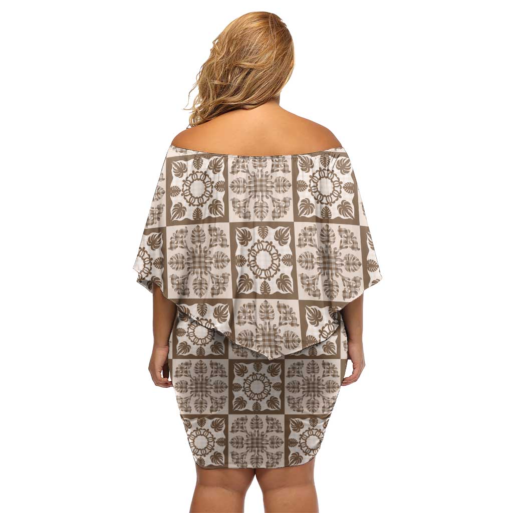 Beige Palaka Quilt Hawaii Family Matching Off Shoulder Short Dress and Hawaiian Shirt Hawaiian Tropical Monstera Sea Turtle LT14 - Polynesian Pride